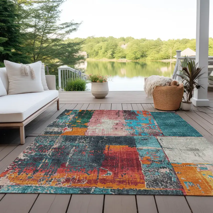 Teal Blue And Orange Abstract Washable Indoor Outdoor Area Rug Photo 5