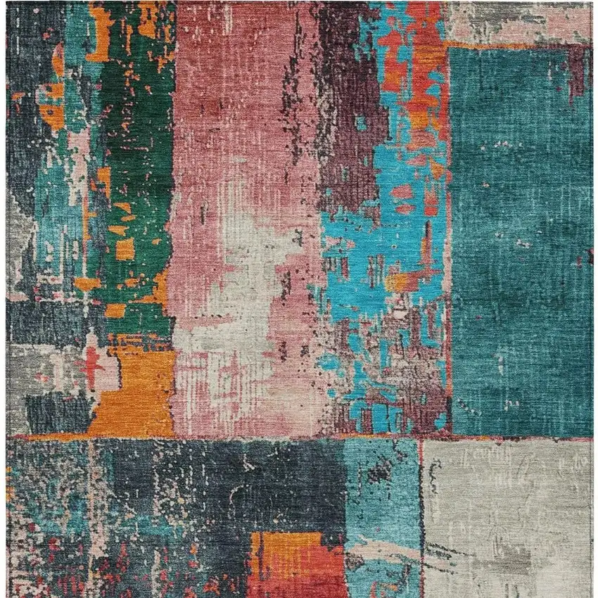 Teal Blue And Orange Abstract Washable Indoor Outdoor Area Rug Photo 4