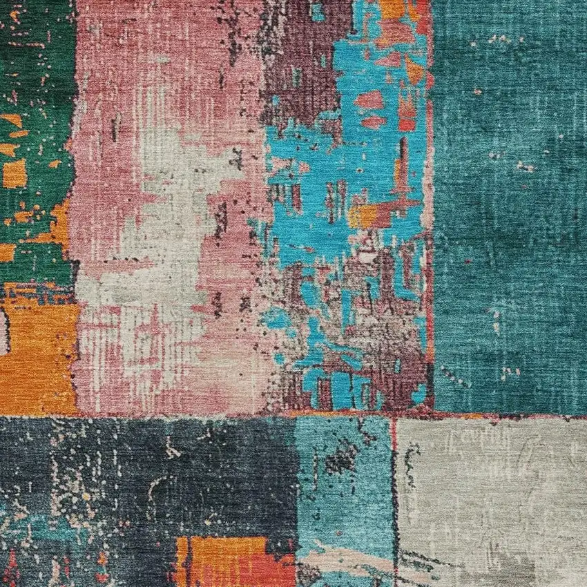 Teal Blue And Orange Abstract Washable Indoor Outdoor Area Rug Photo 3