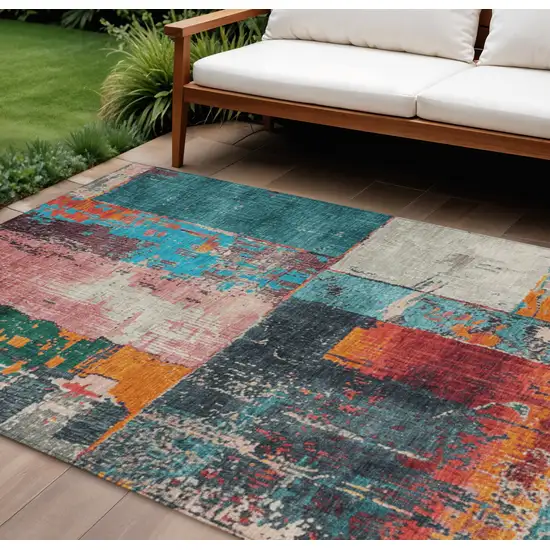 Teal Blue And Orange Abstract Washable Indoor Outdoor Area Rug Photo 2