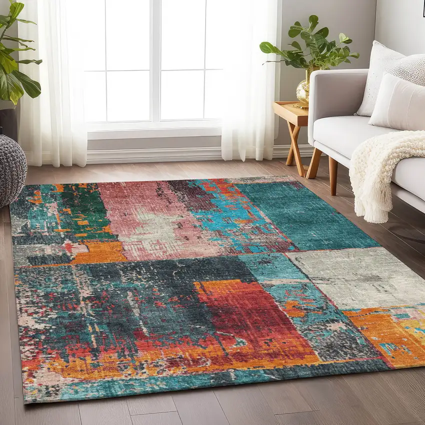 Teal Blue And Orange Abstract Washable Indoor Outdoor Area Rug Photo 6