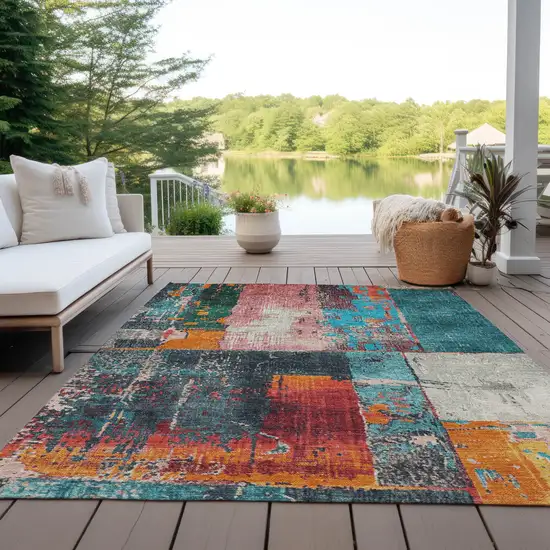 Teal Blue And Orange Abstract Washable Indoor Outdoor Area Rug Photo 5