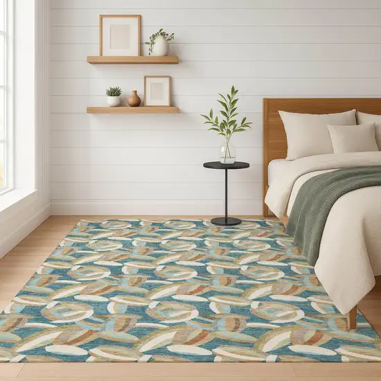 Teal Blue And Orange Abstract Washable Indoor Outdoor Area Rug Photo 6