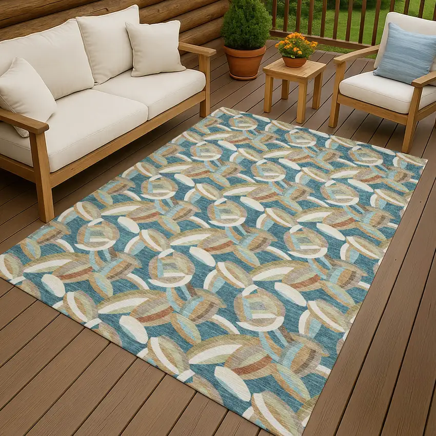 Teal Blue And Orange Abstract Washable Indoor Outdoor Area Rug Photo 4