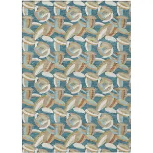 Photo of Teal Blue And Orange Abstract Washable Indoor Outdoor Area Rug