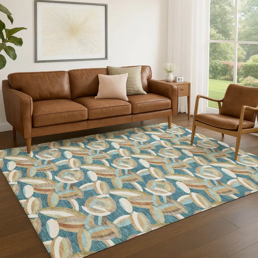 Teal Blue And Orange Abstract Washable Indoor Outdoor Area Rug Photo 5
