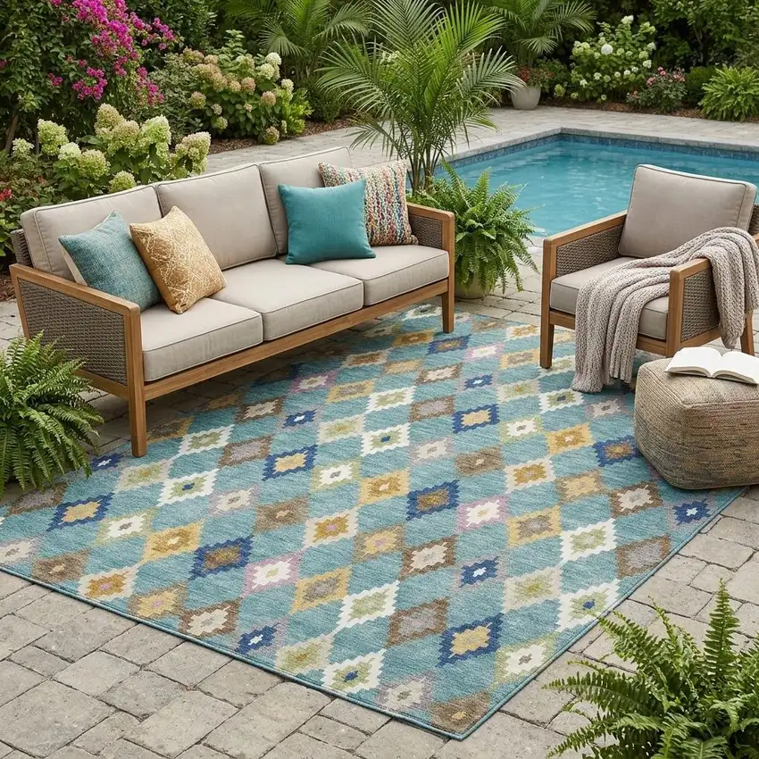 Teal Blue And Orange Aztec Washable Indoor Outdoor Area Rug Photo 1