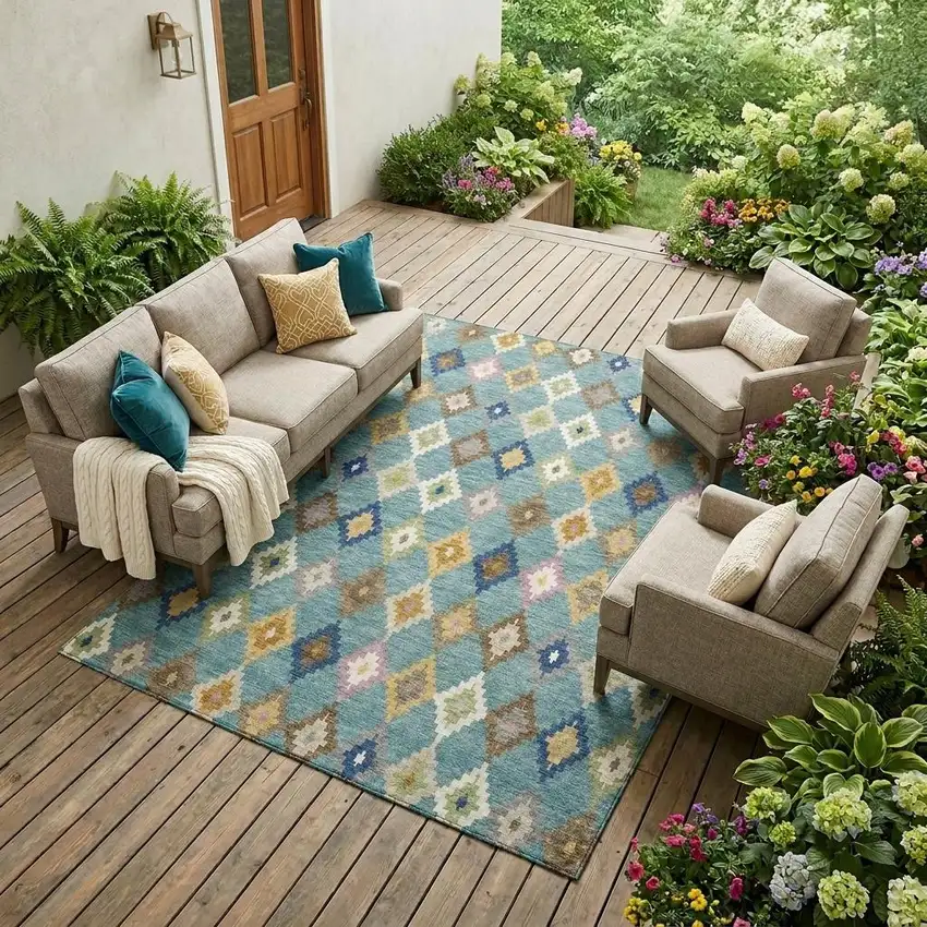 Teal Blue And Orange Aztec Washable Indoor Outdoor Area Rug Photo 1