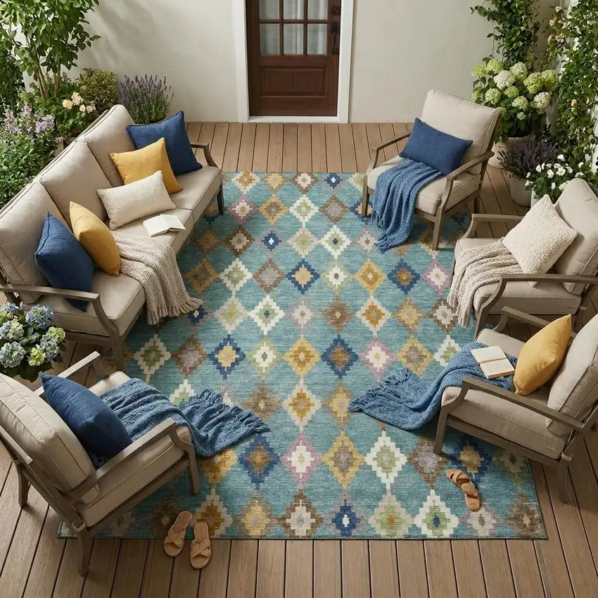 Teal Blue And Orange Aztec Washable Indoor Outdoor Area Rug Photo 1