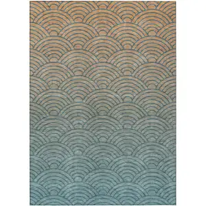 Photo of Teal Blue And Orange Geometric Washable Indoor Outdoor Area Rug