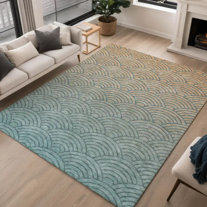 Teal Blue And Orange Geometric Washable Indoor Outdoor Area Rug Photo 5