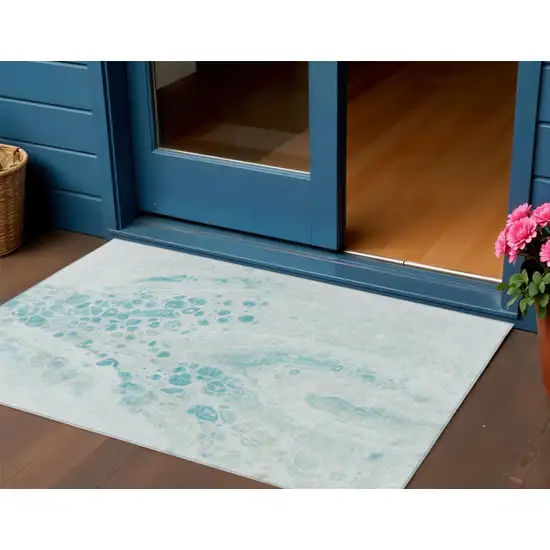 Teal Blue And Pale Aqua Abstract Washable Indoor Outdoor Area Rug Photo 2