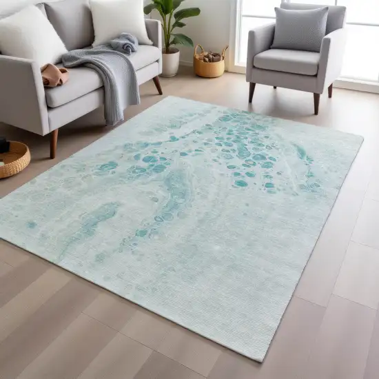Teal Blue And Pale Aqua Abstract Washable Indoor Outdoor Area Rug Photo 6