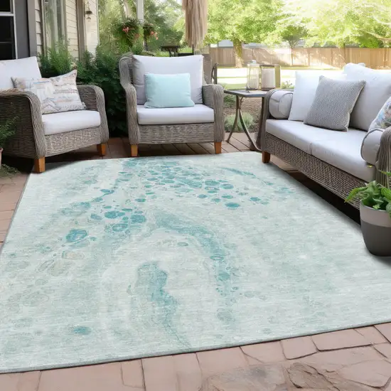 Teal Blue And Pale Aqua Abstract Washable Indoor Outdoor Area Rug Photo 5