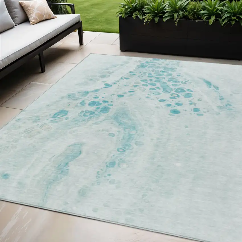 Teal Blue And Pale Aqua Abstract Washable Indoor Outdoor Area Rug Photo 2