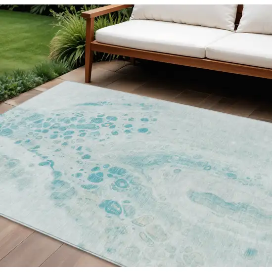Teal Blue And Pale Aqua Abstract Washable Indoor Outdoor Area Rug Photo 2