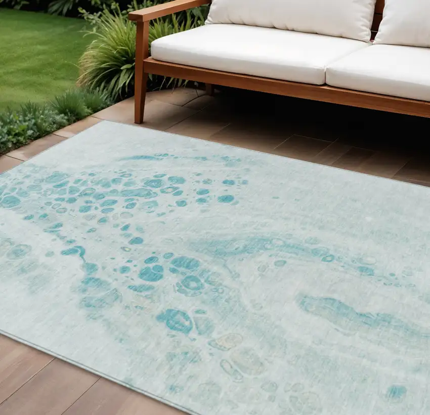 Teal Blue And Pale Aqua Abstract Washable Indoor Outdoor Area Rug Photo 2