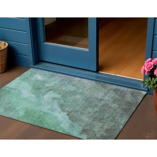 Teal Blue And Pale Aqua Abstract Washable Indoor Outdoor Area Rug Photo 2