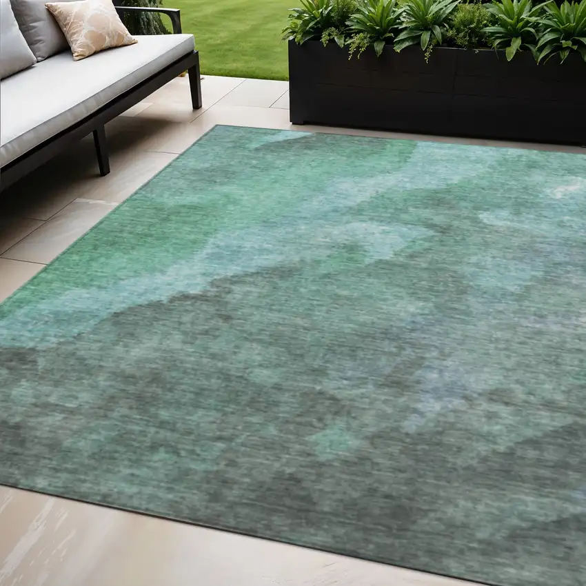 Teal Blue And Pale Aqua Abstract Washable Indoor Outdoor Area Rug Photo 2
