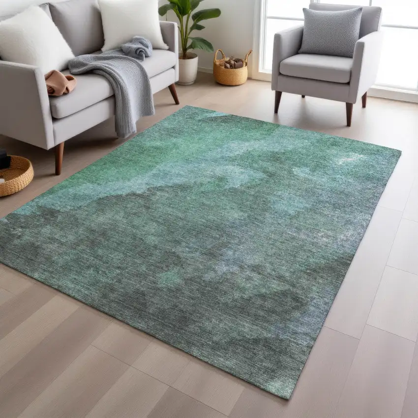 Teal Blue And Pale Aqua Abstract Washable Indoor Outdoor Area Rug Photo 5