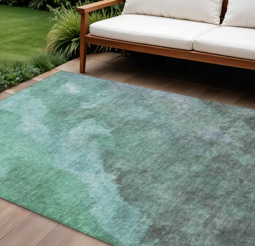 Teal Blue And Pale Aqua Abstract Washable Indoor Outdoor Area Rug Photo 2
