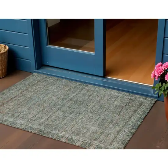 Teal Blue And Pale Aqua Floral Washable Indoor Outdoor Area Rug Photo 2