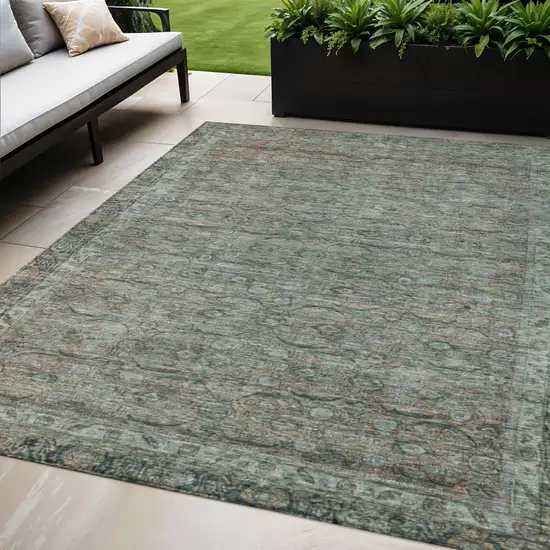 Teal Blue And Pale Aqua Floral Washable Indoor Outdoor Area Rug Photo 2