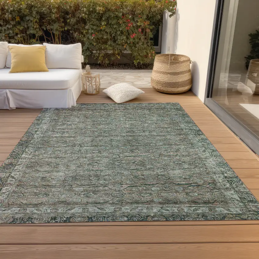 Teal Blue And Pale Aqua Floral Washable Indoor Outdoor Area Rug Photo 8