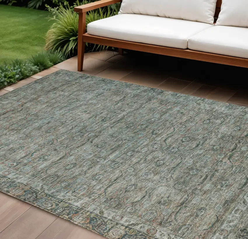Teal Blue And Pale Aqua Floral Washable Indoor Outdoor Area Rug Photo 2