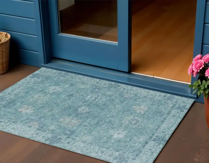 Teal Blue And Pale Aqua Floral Washable Indoor Outdoor Area Rug Photo 2