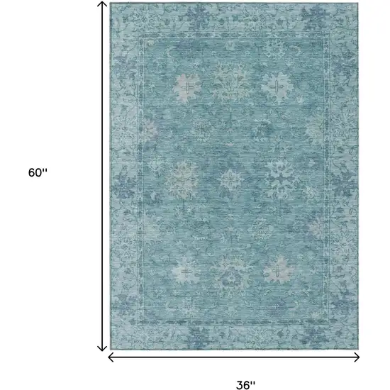 Teal Blue And Pale Aqua Floral Washable Indoor Outdoor Area Rug Photo 9