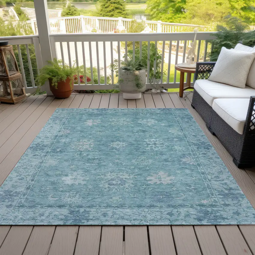 Teal Blue And Pale Aqua Floral Washable Indoor Outdoor Area Rug Photo 8
