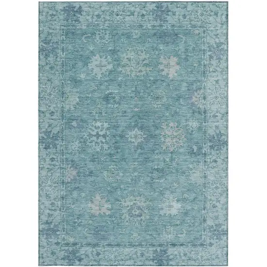 Teal Blue And Pale Aqua Floral Washable Indoor Outdoor Area Rug Photo 3