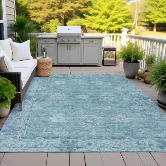 Teal Blue And Pale Aqua Floral Washable Indoor Outdoor Area Rug Photo 5