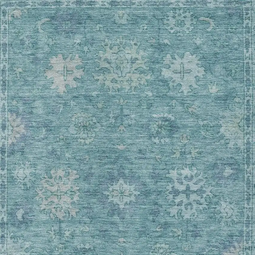 Teal Blue And Pale Aqua Floral Washable Indoor Outdoor Area Rug Photo 4