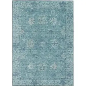 Photo of Teal Blue And Pale Aqua Floral Washable Indoor Outdoor Area Rug