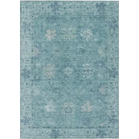 Teal Blue And Pale Aqua Floral Washable Indoor Outdoor Area Rug Photo 1