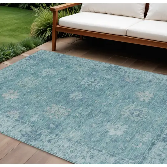 Teal Blue And Pale Aqua Floral Washable Indoor Outdoor Area Rug Photo 2