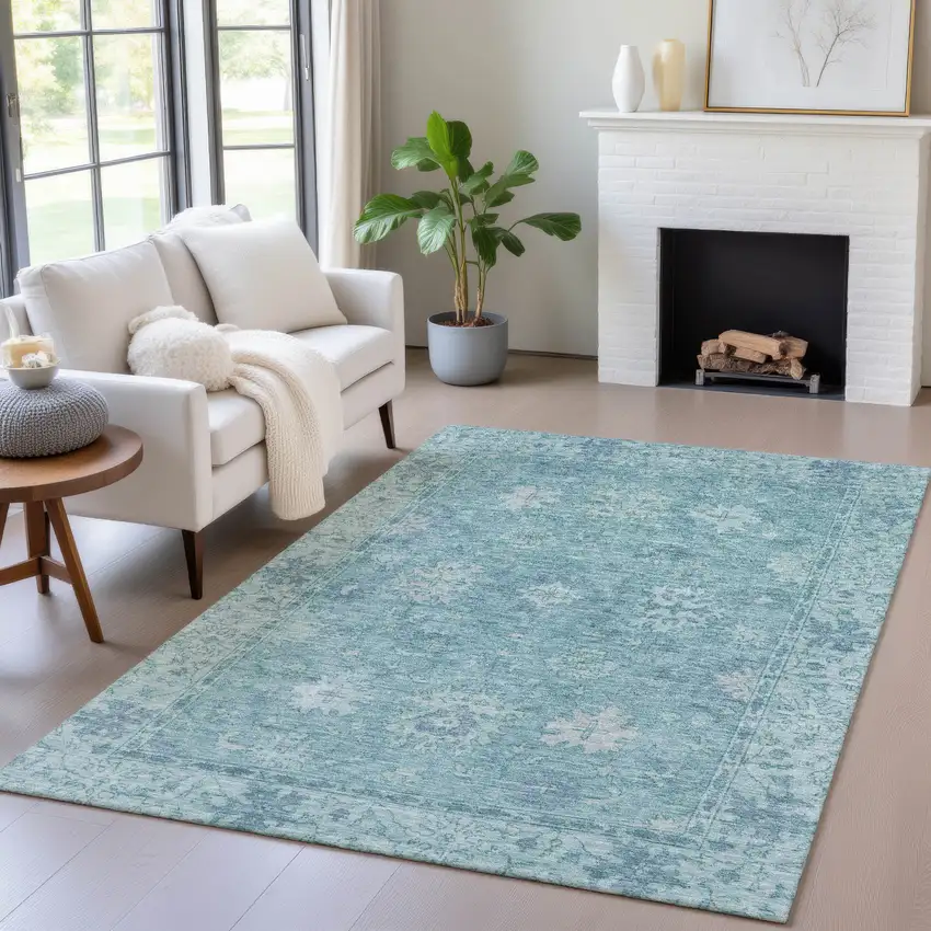 Teal Blue And Pale Aqua Floral Washable Indoor Outdoor Area Rug Photo 6