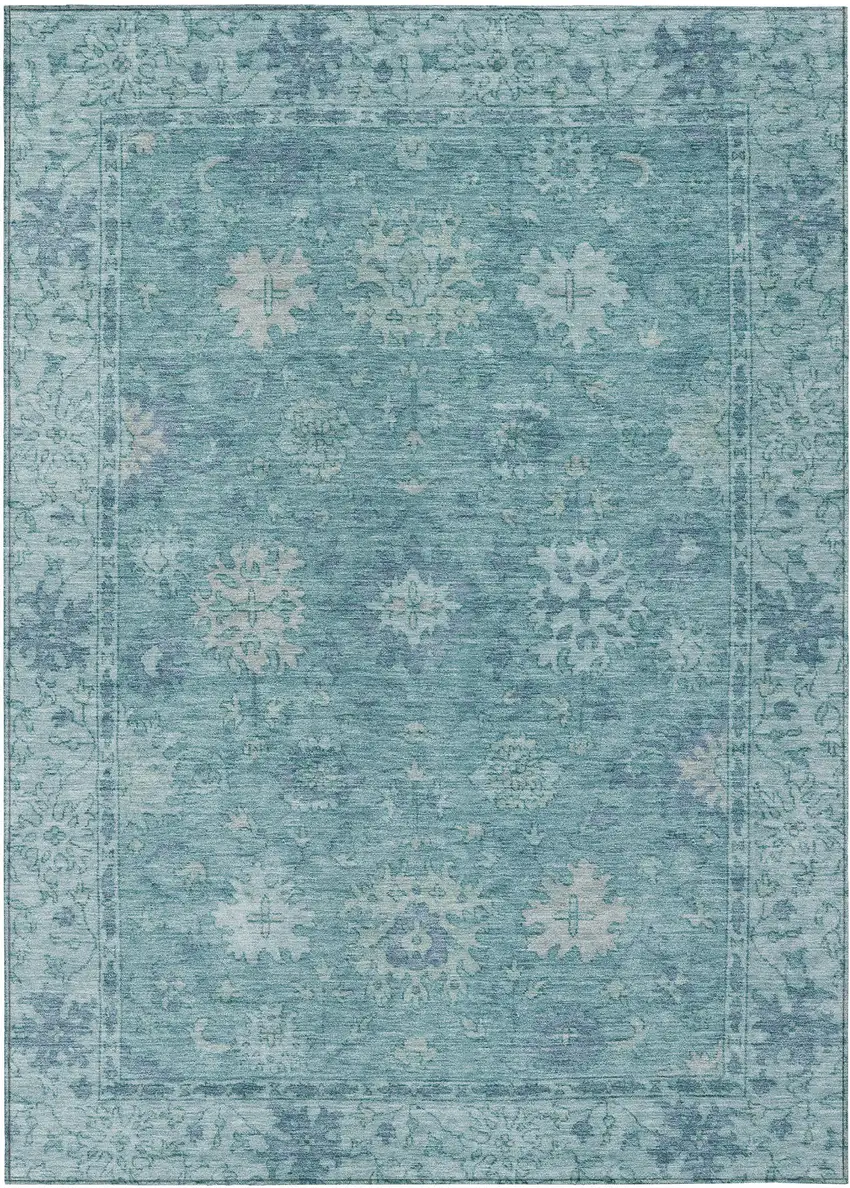 Teal Blue And Pale Aqua Floral Washable Indoor Outdoor Area Rug Photo 1