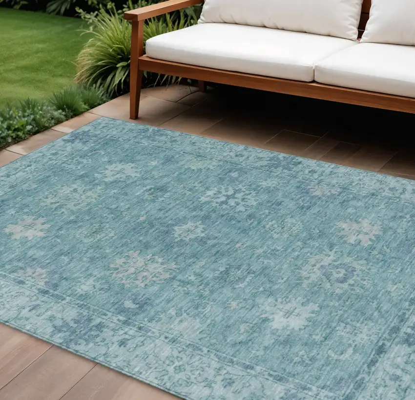 Teal Blue And Pale Aqua Floral Washable Indoor Outdoor Area Rug Photo 2