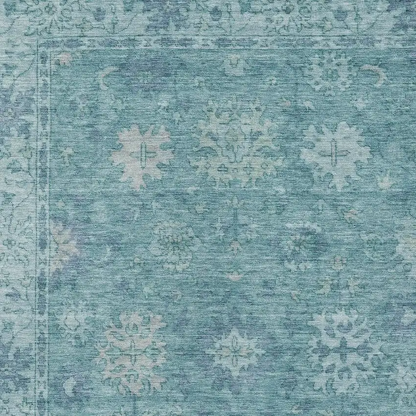 Teal Blue And Pale Aqua Floral Washable Indoor Outdoor Area Rug Photo 4