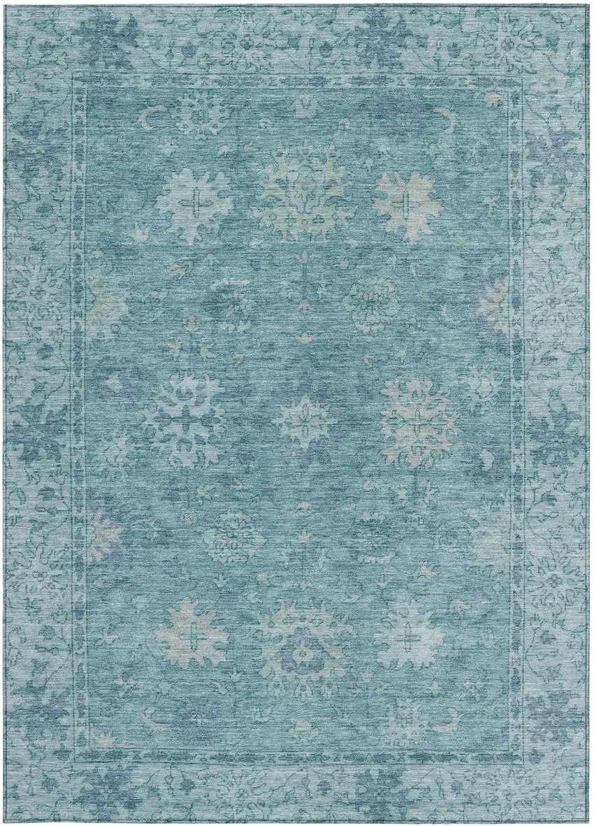 Teal Blue And Pale Aqua Floral Washable Indoor Outdoor Area Rug Photo 3