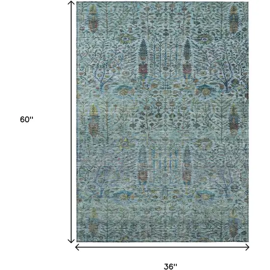 Teal Blue And Pale Aqua Floral Washable Indoor Outdoor Area Rug Photo 9