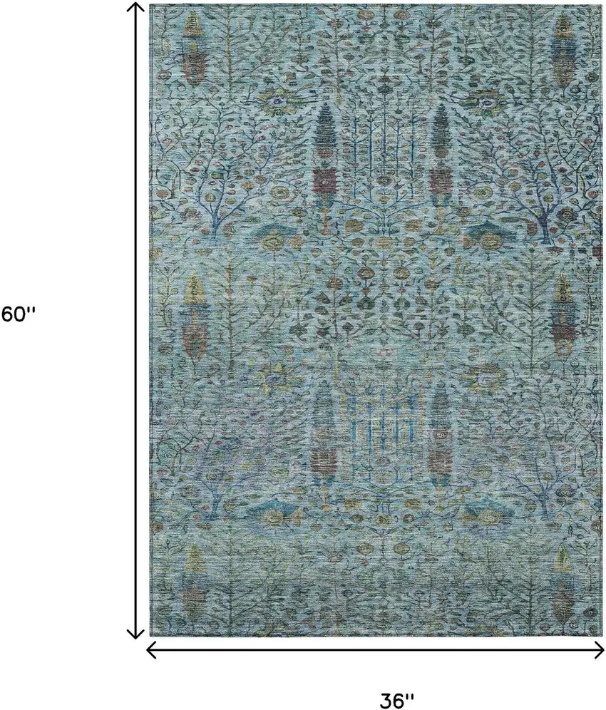 Teal Blue And Pale Aqua Floral Washable Indoor Outdoor Area Rug Photo 9