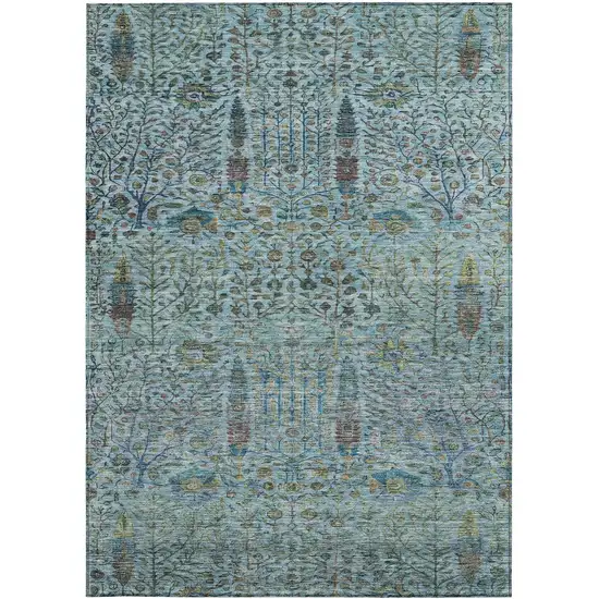 Teal Blue And Pale Aqua Floral Washable Indoor Outdoor Area Rug Photo 3