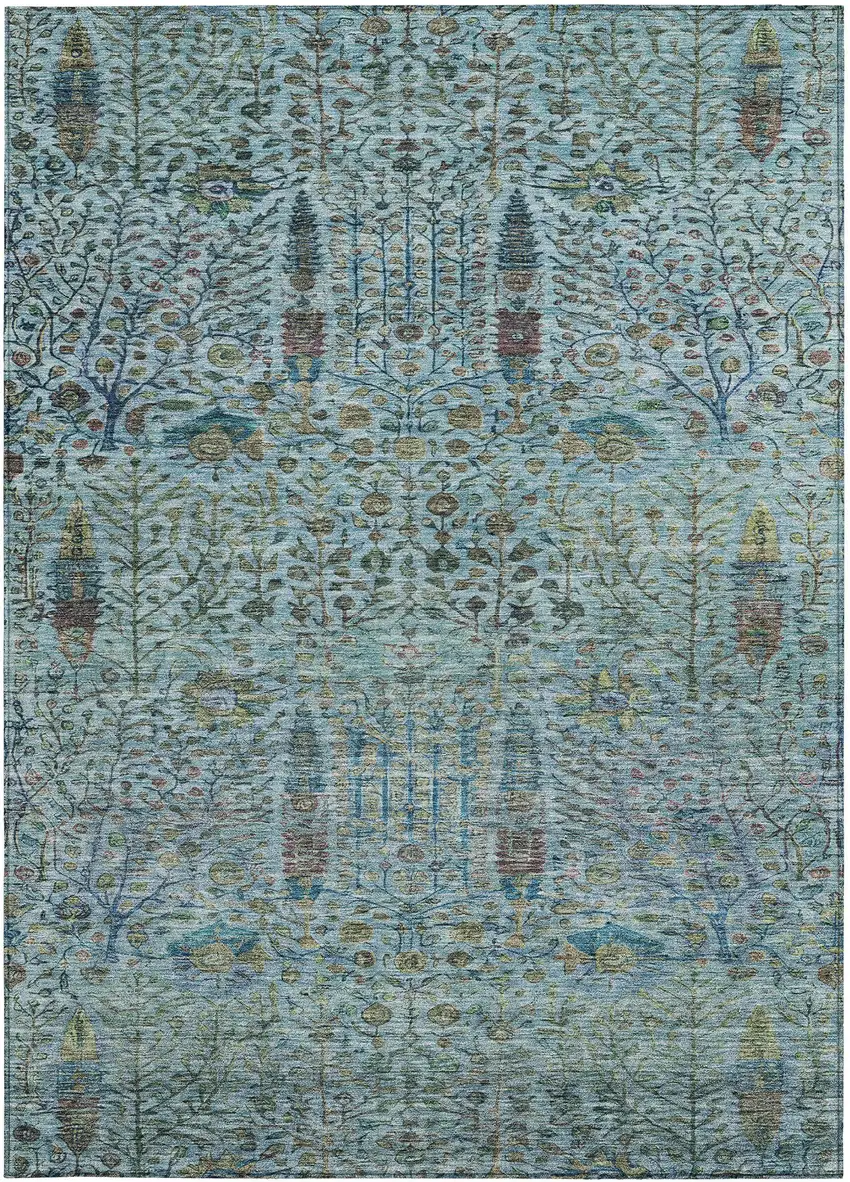 Teal Blue And Pale Aqua Floral Washable Indoor Outdoor Area Rug Photo 3
