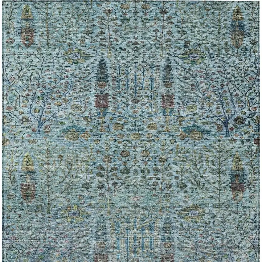 Teal Blue And Pale Aqua Floral Washable Indoor Outdoor Area Rug Photo 7