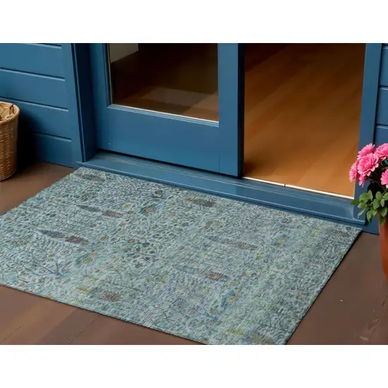 Teal Blue And Pale Aqua Floral Washable Indoor Outdoor Area Rug Photo 2