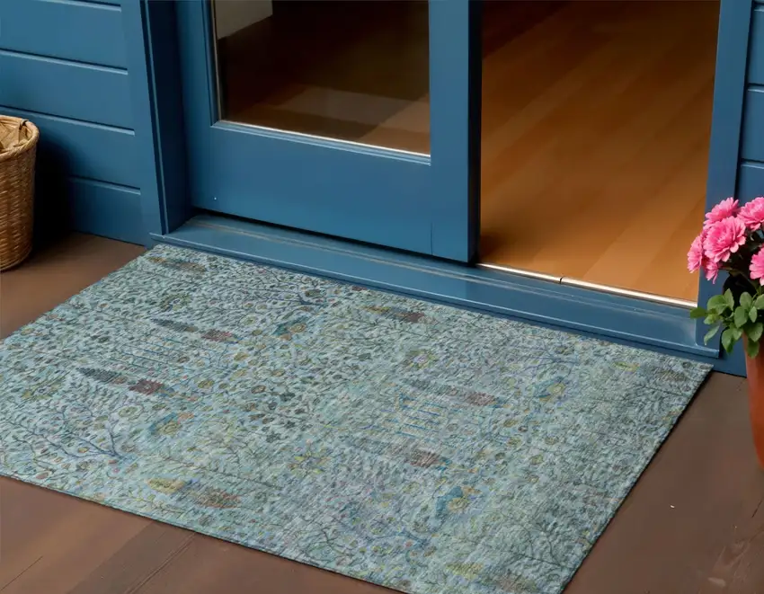 Teal Blue And Pale Aqua Floral Washable Indoor Outdoor Area Rug Photo 2